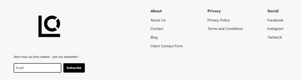 footer menu with a signup form for Lo & Co. Marketing